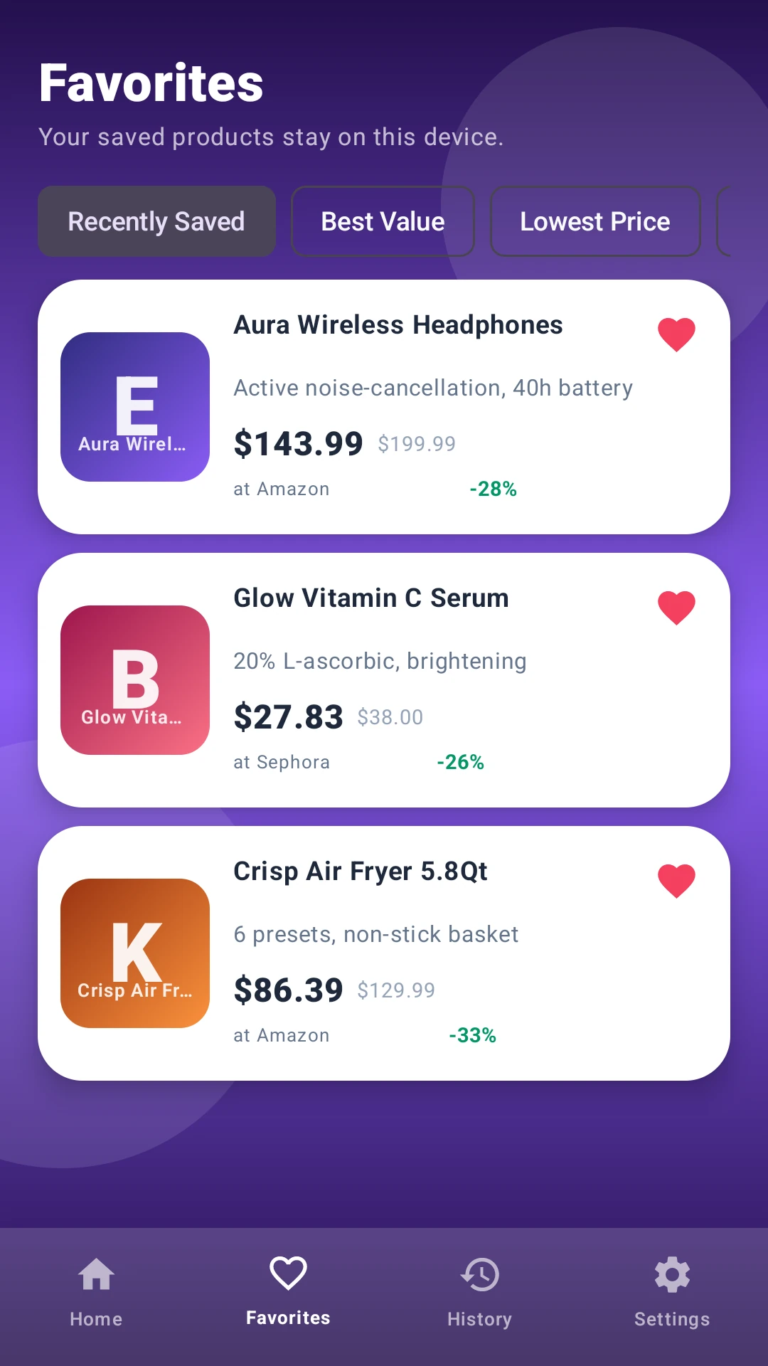 Price Ponderer favorites screen